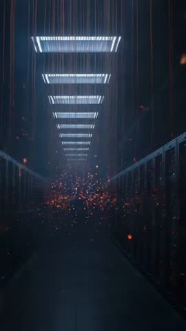 Vertical cyberpunk server corridor glowing under LED panels with ember swarm and digital rain