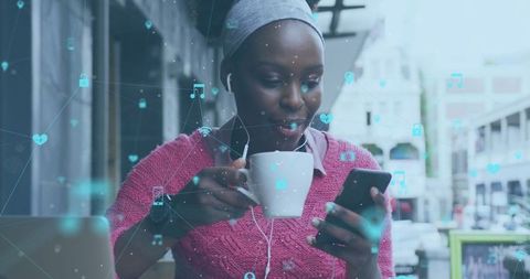 Smiling Woman Using Phone with Social Media Icons Overlay