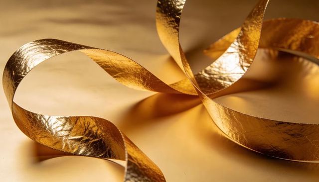 Glittering gold foil ribbon curling into loops and spirals metallic luxury texture