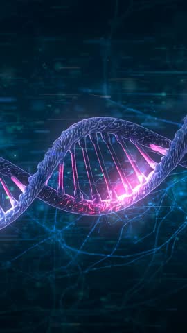 Vertical biotech visualization: Rotating luminescent DNA helix pulsing neon base pairs