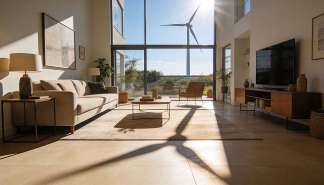 Sunlit modern living room with wind turbine shadow and minimalist midcentury style