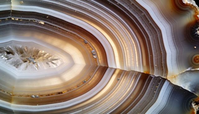 Polished agate slice revealing translucent golden banded layers and druzy core