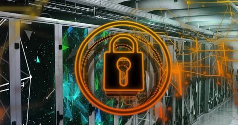 Neon padlock overlay securing server racks in data center cybersecurity concept