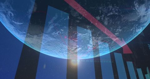 Global finance data with red decline arrow across earth backdrop