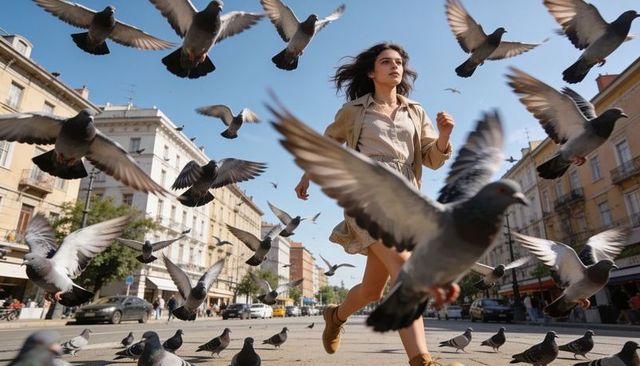 Young woman running through sunlit city square scattering flock of pigeons, dynamic motion