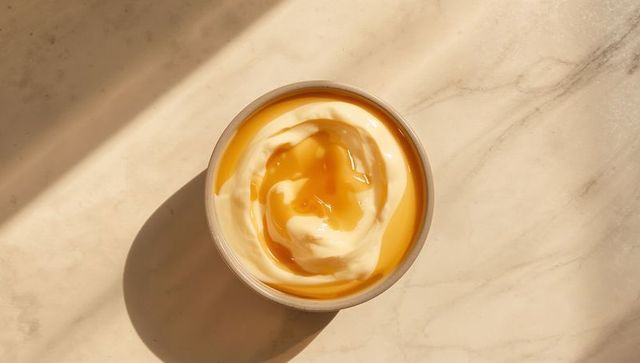 Sunlit round bowl creamy yogurt with golden honey drizzle on marble countertop and soft shadow