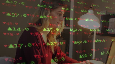 Caucasian Woman Analyzing Stock Market Data at Home