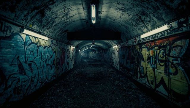 Graffiti-lined underground tunnel illuminated by fluorescent lights