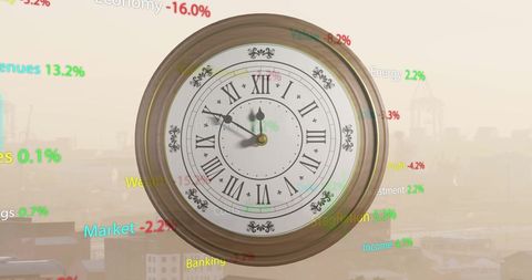Vintage Clock Overlay with Stock Market Data and Cityscape Background