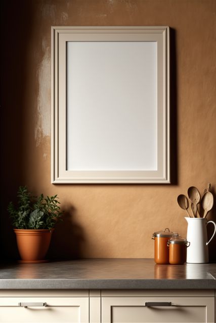Kitchen with blank photoframe on wall with copy space, created using generative ai technology. House interior and photoframe concept digitally generated image.