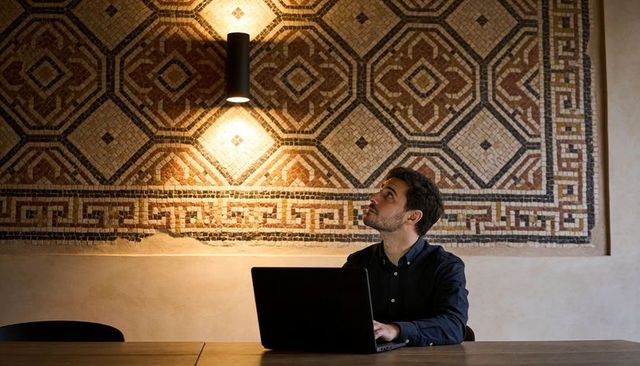 Remote work at mosaic-walled cafe man using laptop at wooden table under sconce light