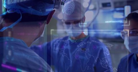 Futuristic surgical team collaborating with holographic technology