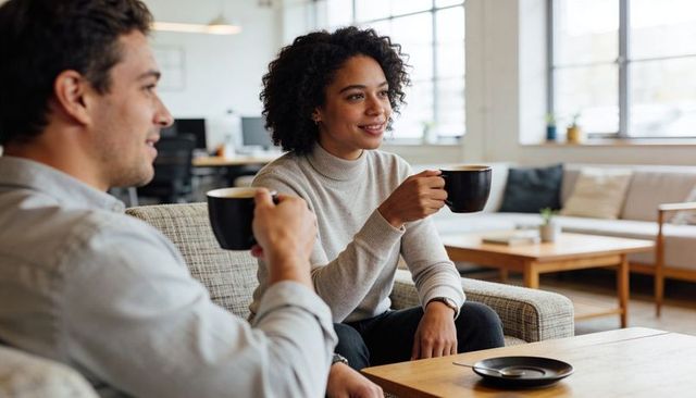 Smiling woman holding black coffee mug chatting with coworker in bright office lounge