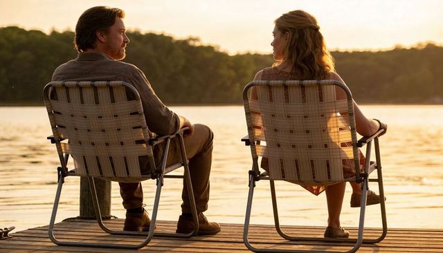 Couple relaxing on dock watching golden sunset over lake in woven chairs at dusk, serene