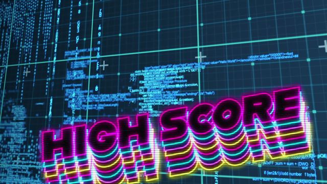 This digital animation depicts a 'HIGH SCORE' text with colorful, futuristic typography against a backdrop of moving grid lines and coding text. This can be used in technology-related content, video game imagery, programming tutorials, or as a visual element representing success and achievement in digital or tech environments.