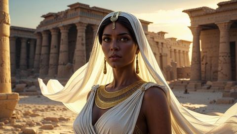 Regal cleopatra amidst ancient temple ruins in sunset glow