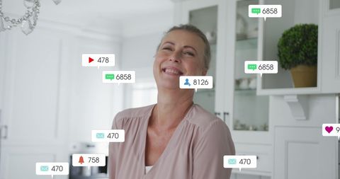 Smiling Senior Woman Surrounded by Social Media Interactions