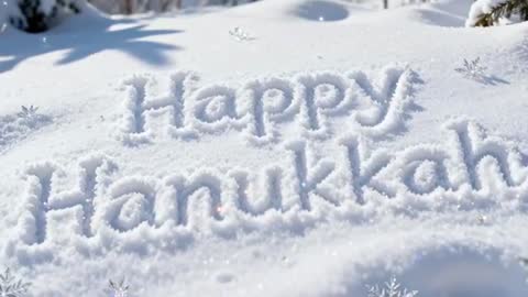 Moving camera revealing Happy Hanukkah carved in fresh snow in evergreen forest