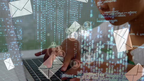Hands Typing on Laptop Amidst Floating Envelopes and Digital Code