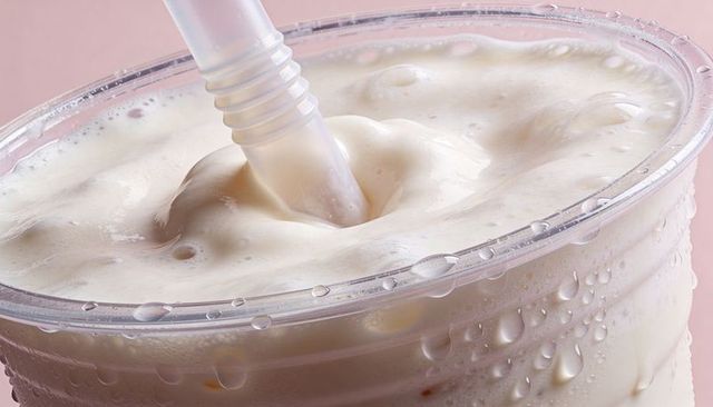 Creamy vanilla milkshake in condensation-covered plastic cup with ridged straw close-up