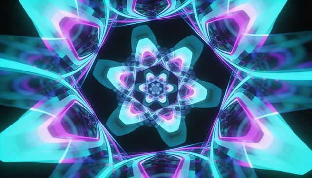 Kaleidoscopic neon tunnel radiating cyan magenta starburst with reflective geometric petals