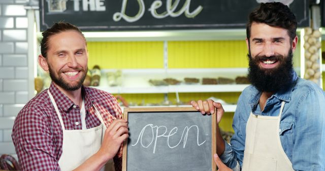 Smiling Deli Owners Holding Open Sign - Download Free Stock Images Pikwizard.com