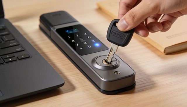 Hand inserting key into smart electronic door lock with touchscreen keypad on desk