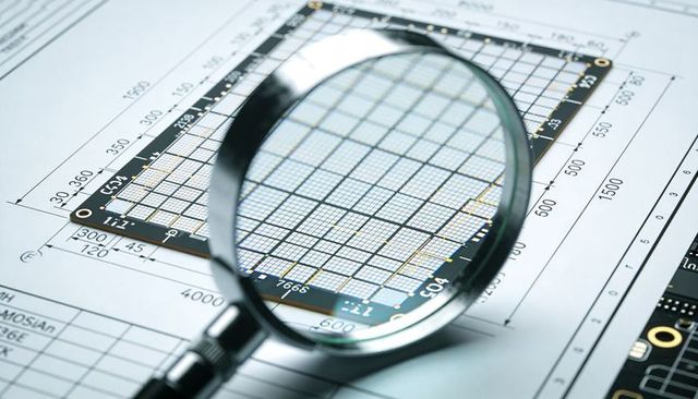 Magnified sensor inspection on PCB with blueprints, precision electronics macro closeup