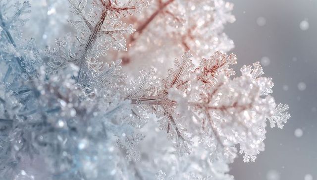 Close-up of ice crystals and snowflakes on twig