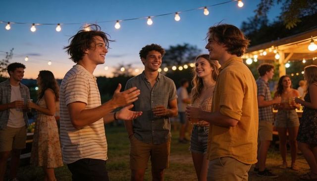 Young adults chatting under string lights at backyard evening party