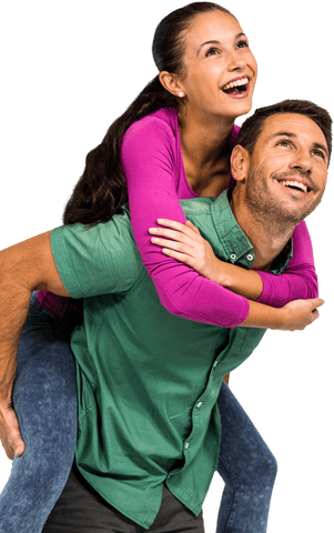 Happy couple in playful piggyback pose on transparent background