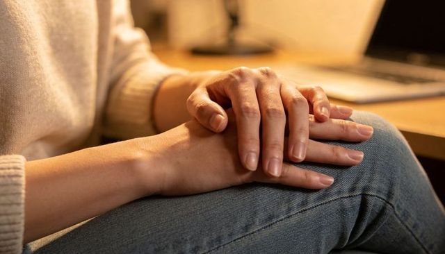 Hands resting on denim knee with interlaced fingers and knit sweater cuff near laptop