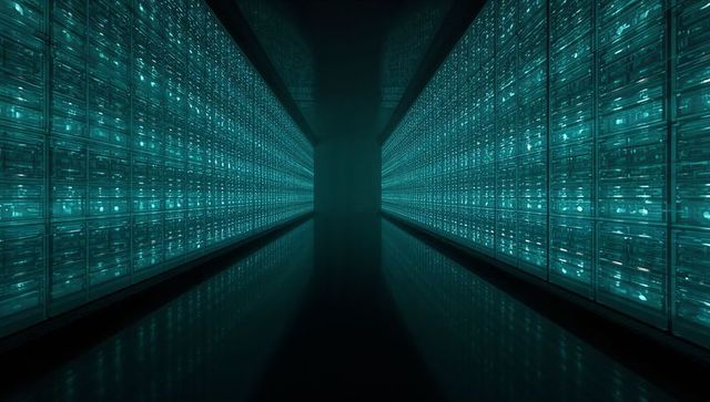 Futuristic teal data corridor with glass server racks, led reflections and vanishing point