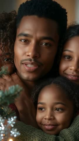 Vertical Christmas Video Showing Father Sending Holiday Greeting While Daughters Hugging by Tree