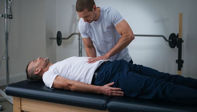 Physical therapist performing abdominal palpation on male patient in rehab gym session