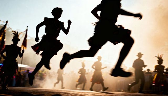 Leaping silhouettes dancing in golden-hour street parade with mist, flags and skirts