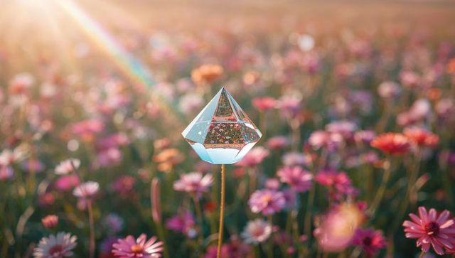Glass Prism in Blooming Meadow Creating Luminous Artistic Scene