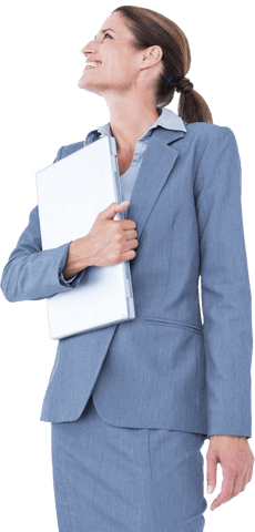 Confident Businesswoman Holding Laptop with Transparent Background