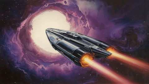 Sleek starship thrusting through magenta nebula toward bright wormhole with engine flames