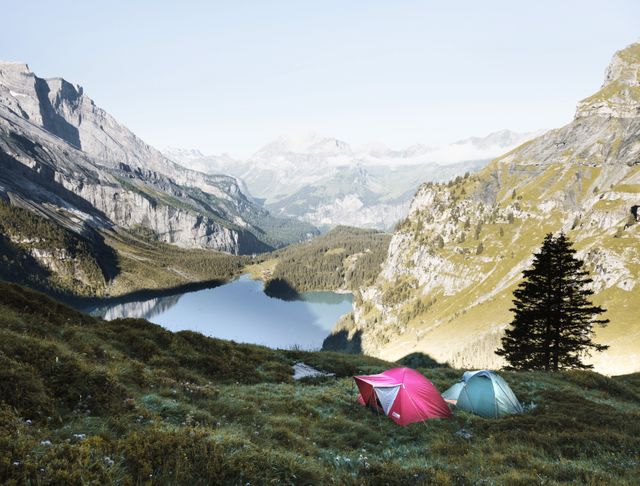 Camping by Alpine Lake with Tents and Stunning Mountain Views - Download Free Stock Photos Pikwizard.com