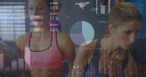 Women Running on Treadmills with Fitness Data Overlay