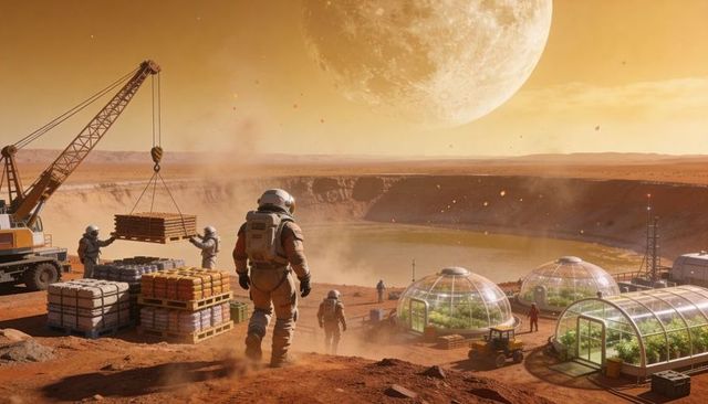 Astronauts building mars colony with domed greenhouses and logistics crane at crater