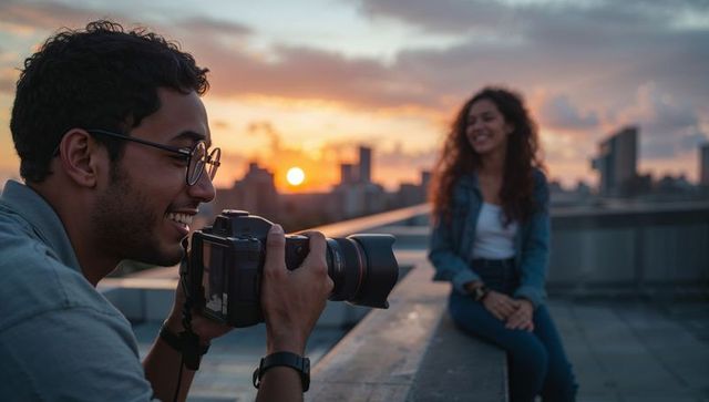 Photographer shooting smiling woman on rooftop during golden hour sunset