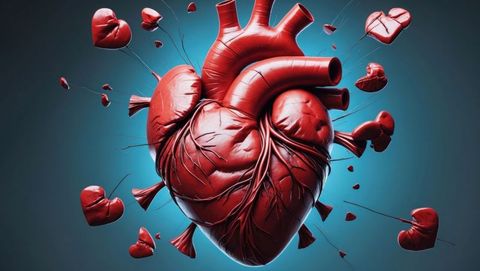 Floating stylized red anatomical heart on teal background, cardiovascular diseases concept