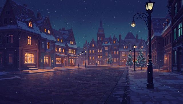 Silent european christmas square at night with glowing gabled shops and snowfall