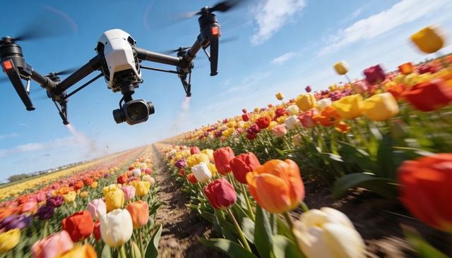 Low-flying drone skimming colorful tulip field with stabilized gimbal camera