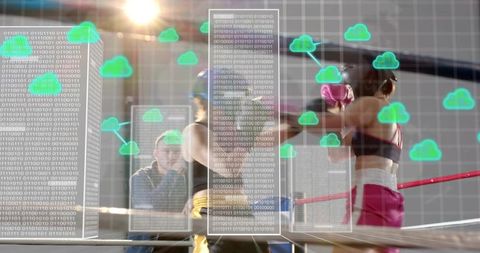 Female boxers sparring in ring with digital binary cloud overlay, trading punches