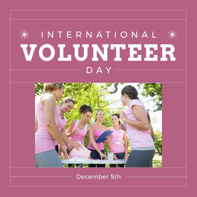 Group of women celebrating International Volunteer Day on December 5th while working on a community campaign. Ideal for promoting volunteer activities, community events, charity work, and teamwork initiatives.