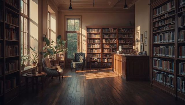 Sunlit Vintage Library Nook with Armchairs, Tall Bookcases, Wooden Desk and Greenery