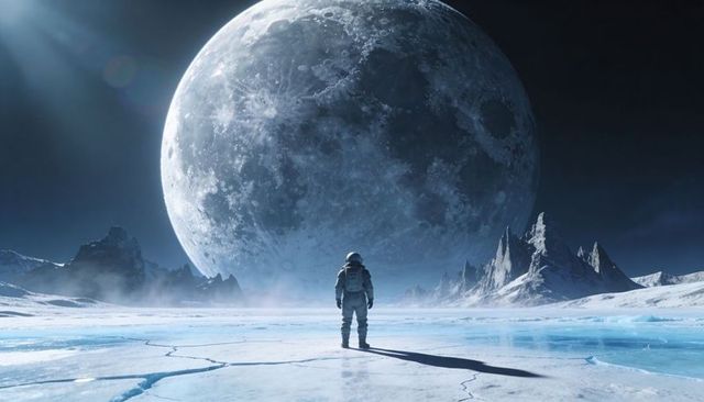 Astronaut standing on frozen alien plain beneath colossal cratered moon over icy jagged peaks